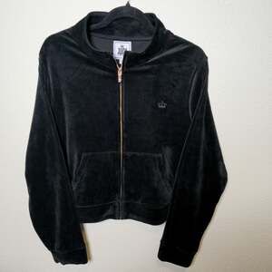 Y2K Juicy Couture Black Velour Zip Hoodie XXL Cropped Rhinestone Logo